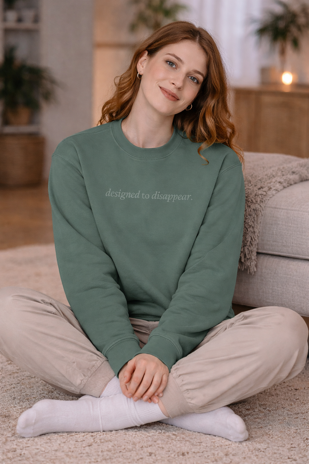 Person wearing a green sweatshirt with text, sitting on a couch in a cozy living room.