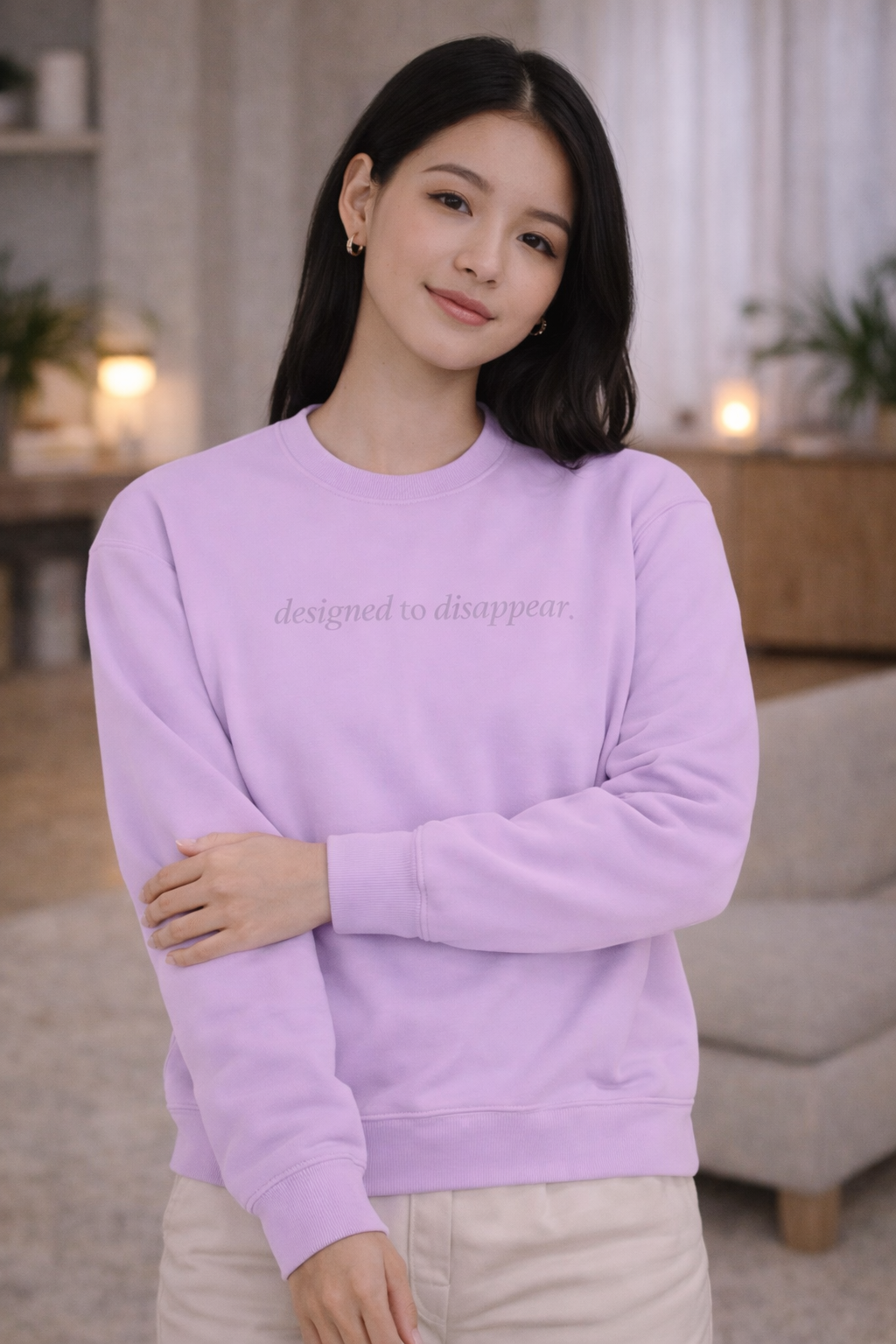 Woman wearing a light purple sweatshirt with text in a home setting